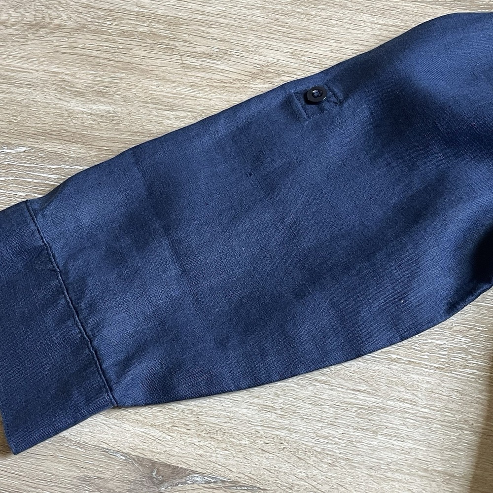 Chicos Linen Button Down Shirt No Iron Blouse Top Navy Blue 0 Roll Tab Sleeve - Picture 5 of 7